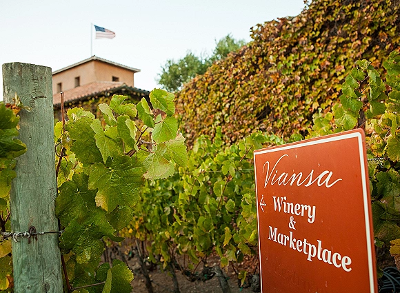 Winery sign with orange script lettering and arrow on a wooden post by wire fencing, set against vineyard rows and a distant building with flag