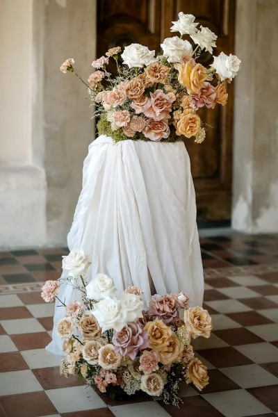 Wedding floral arrangement on a pedestal with roses, carnations, baby’s breath, and moss, framed by white draping near stone columns and a wooden door