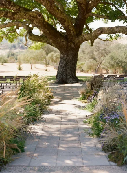 Ceremony aisle decor with wildflower-lined outdoor ceremony aisle along a stone paver walkway, rustic chairs beneath a large oak tree