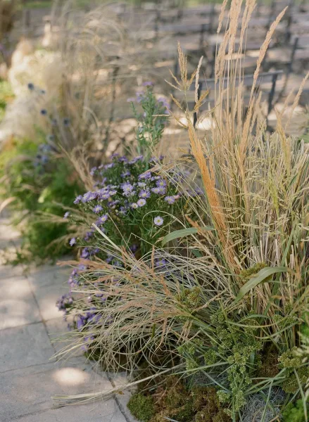 Ceremony aisle flowers in meadow-style clusters with purple blooms and greenery lining a stone walkway beside outdoor chairs in a garden