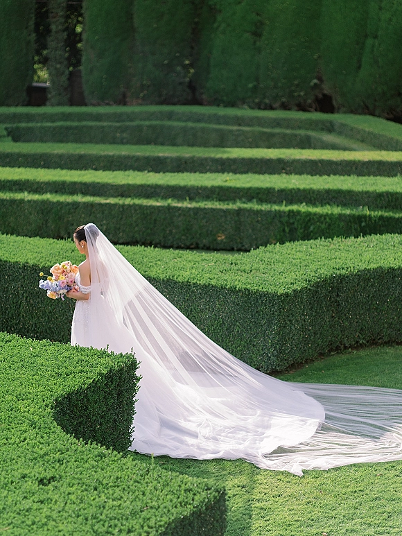 Bridal portrait of a bride in a strapless gown with long cathedral veil and pastel bouquet, walking in a manicured hedge garden