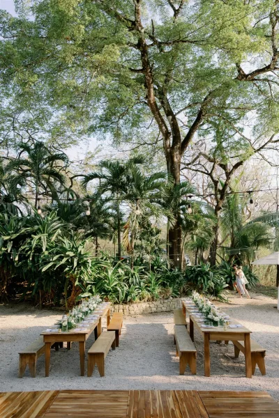 Outdoor reception setup with wood banquet tables and white floral centerpieces, string lights glowing under large trees in a tropical garden courtyard