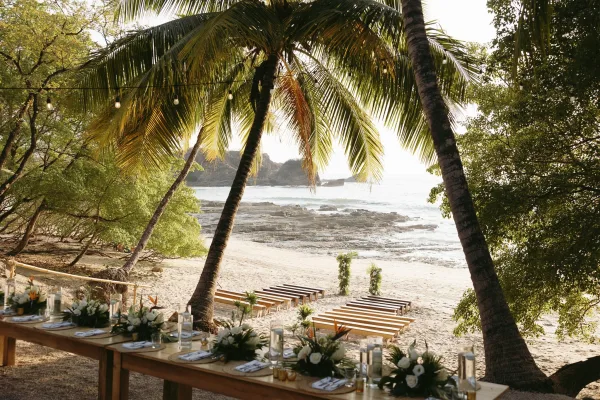 Beach wedding ceremony with wood benches and aisle florals on a sandy oceanfront, palm trees and string lights framing the setup