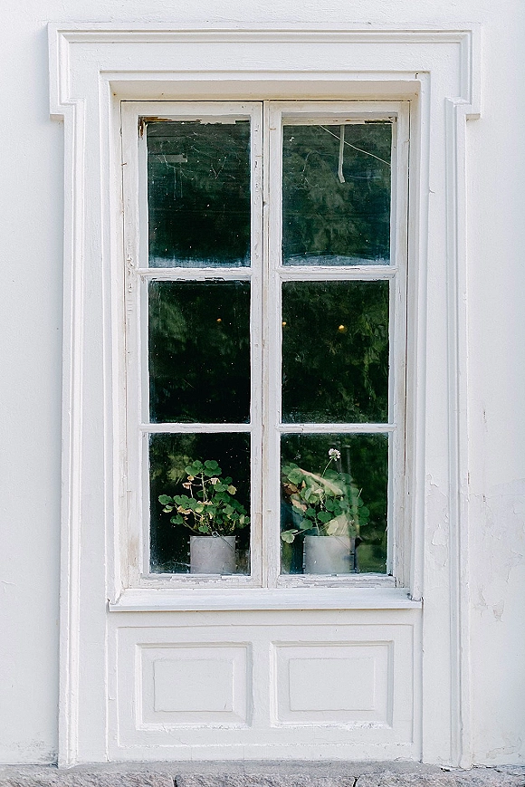 Window detail with a white window frame and vintage window panes, potted greenery on the ledge and reflections on a white wall