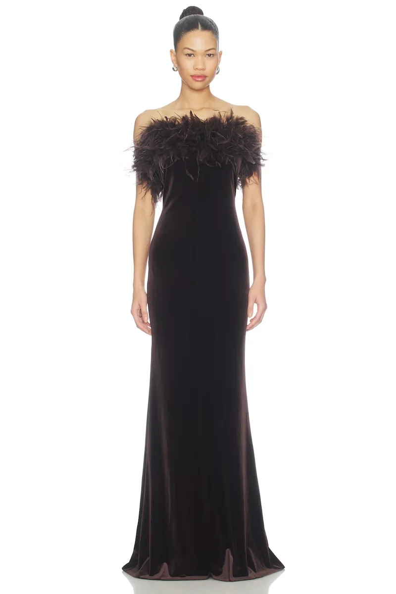Amanda Uprichard Ella velvet gown in cocoa with a feathered neckline