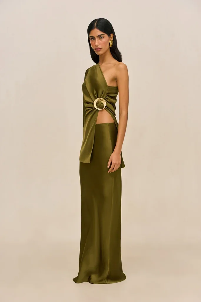 Cult Gaia Jadis top and Chantelle skirt worn as a matching set in rosemary green