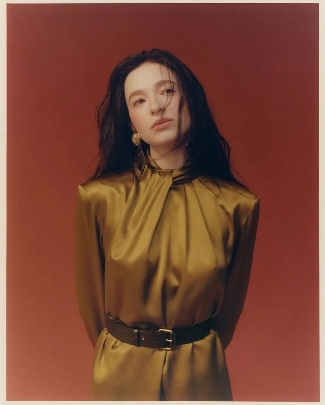 Olive gold satin blouse with a belted waist