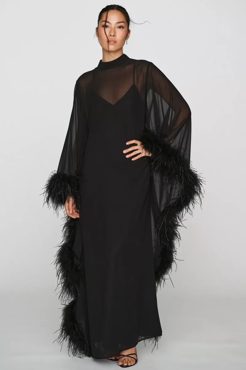 Hutch black kaftan trimmed in feathers