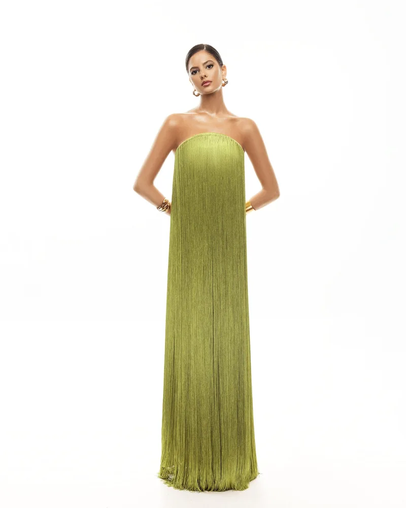 Matters Store Mare fringe column dress in pale pistachio green