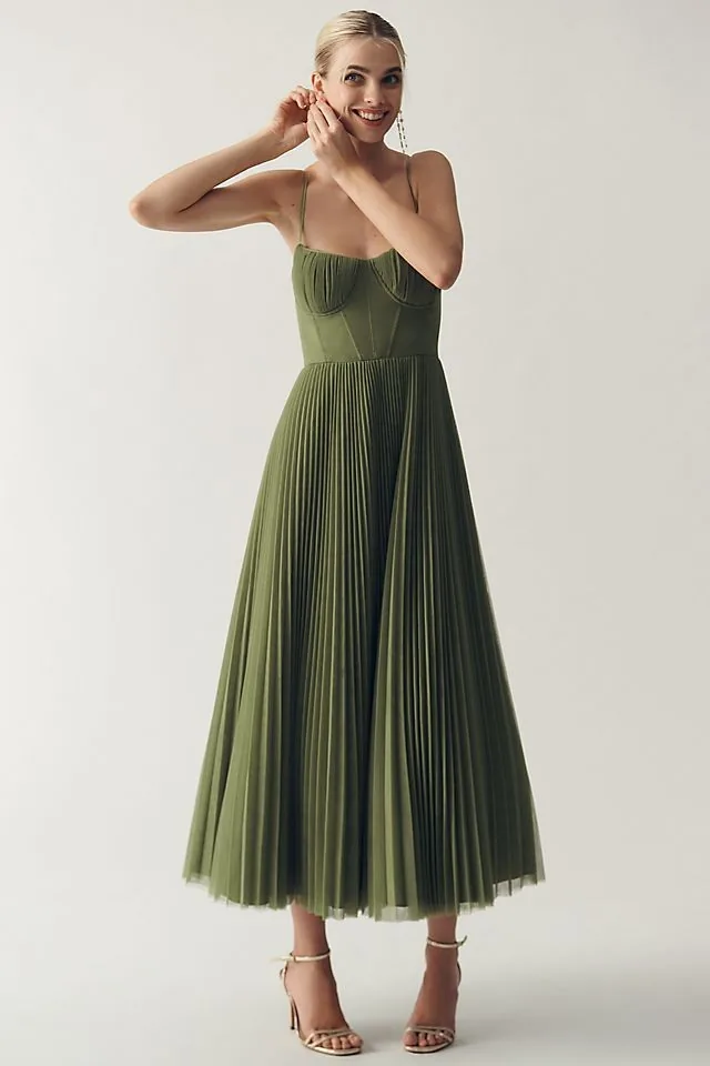 Olive pleated midi dress with a corset bodice