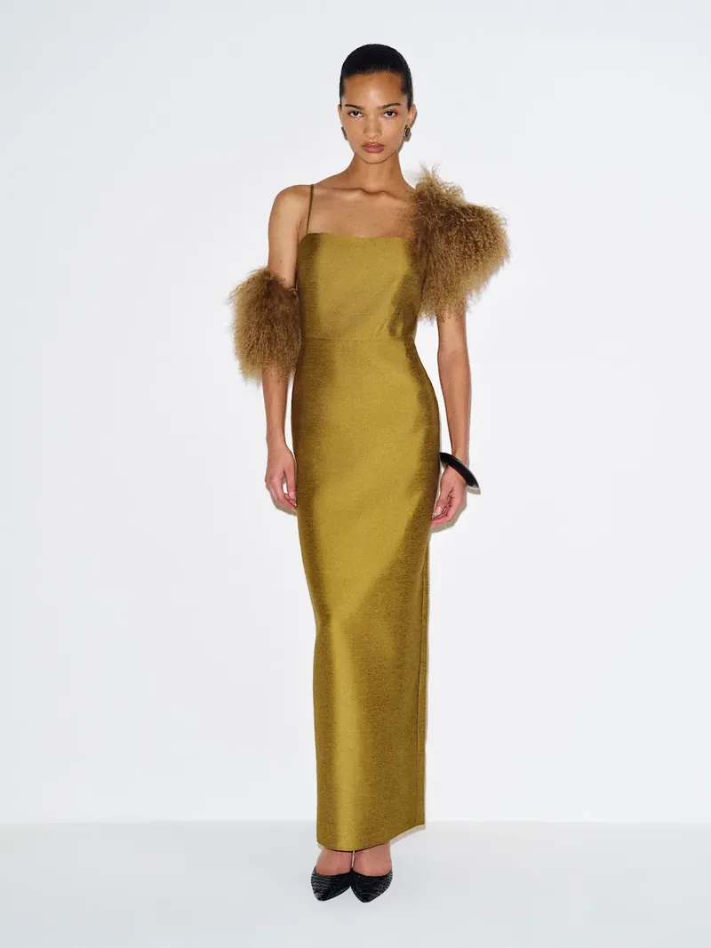 Reformation Frankie column dress in citrine with fur trim at the arms
