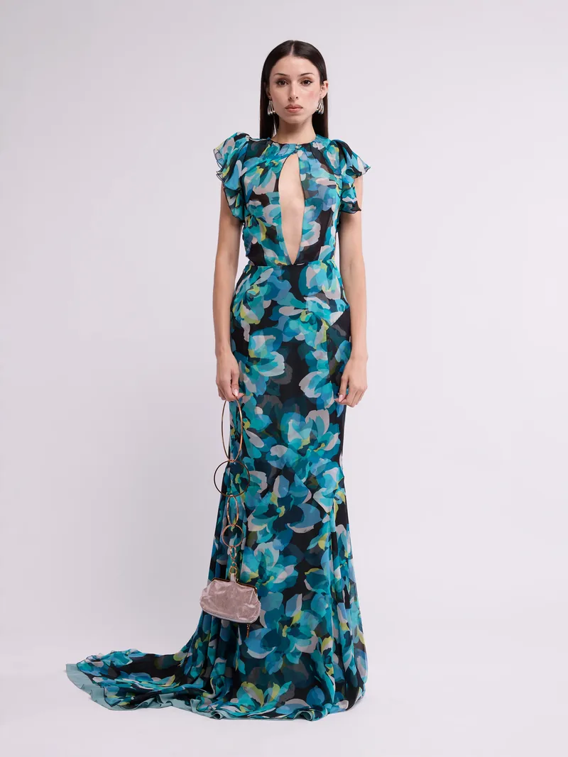 Vintage Gucci spring 2006 runway gown in turquoise and blue florals on silk
