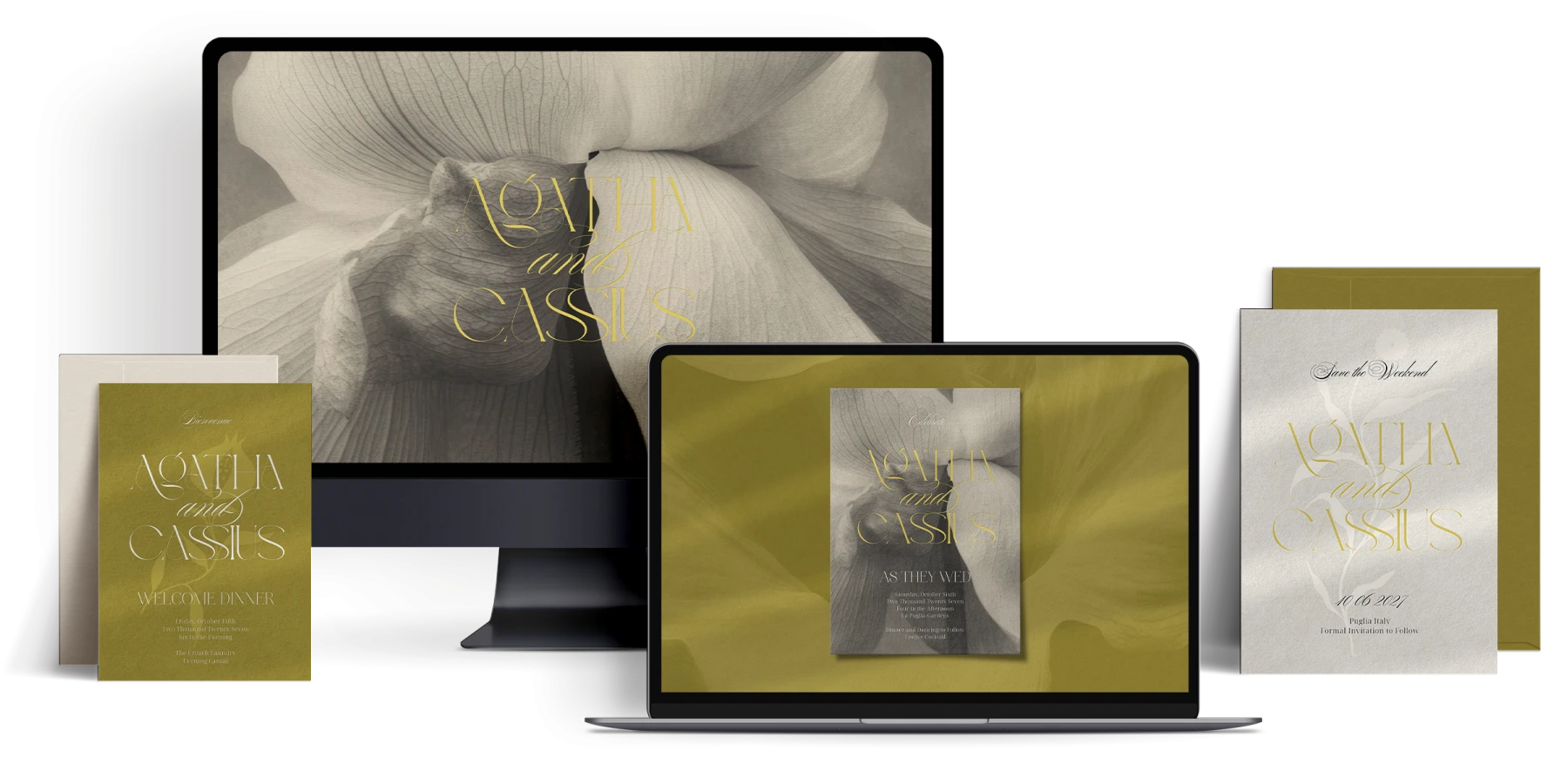 Coordinated wedding website and stationery suite for Agatha and Cassius, displayed across desktop and laptop screens with matching invitations in an elegant olive green and neutral floral design.