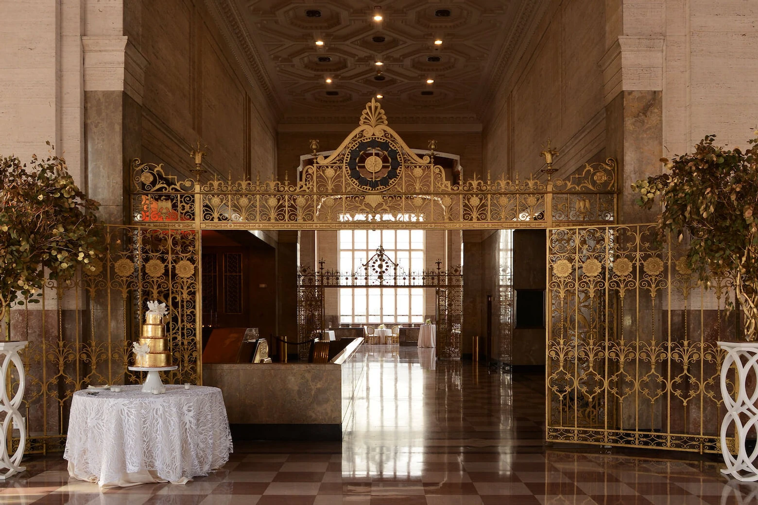 Celebrity Wedding: An indoor reception setup at a historic building in Miami, Florida.