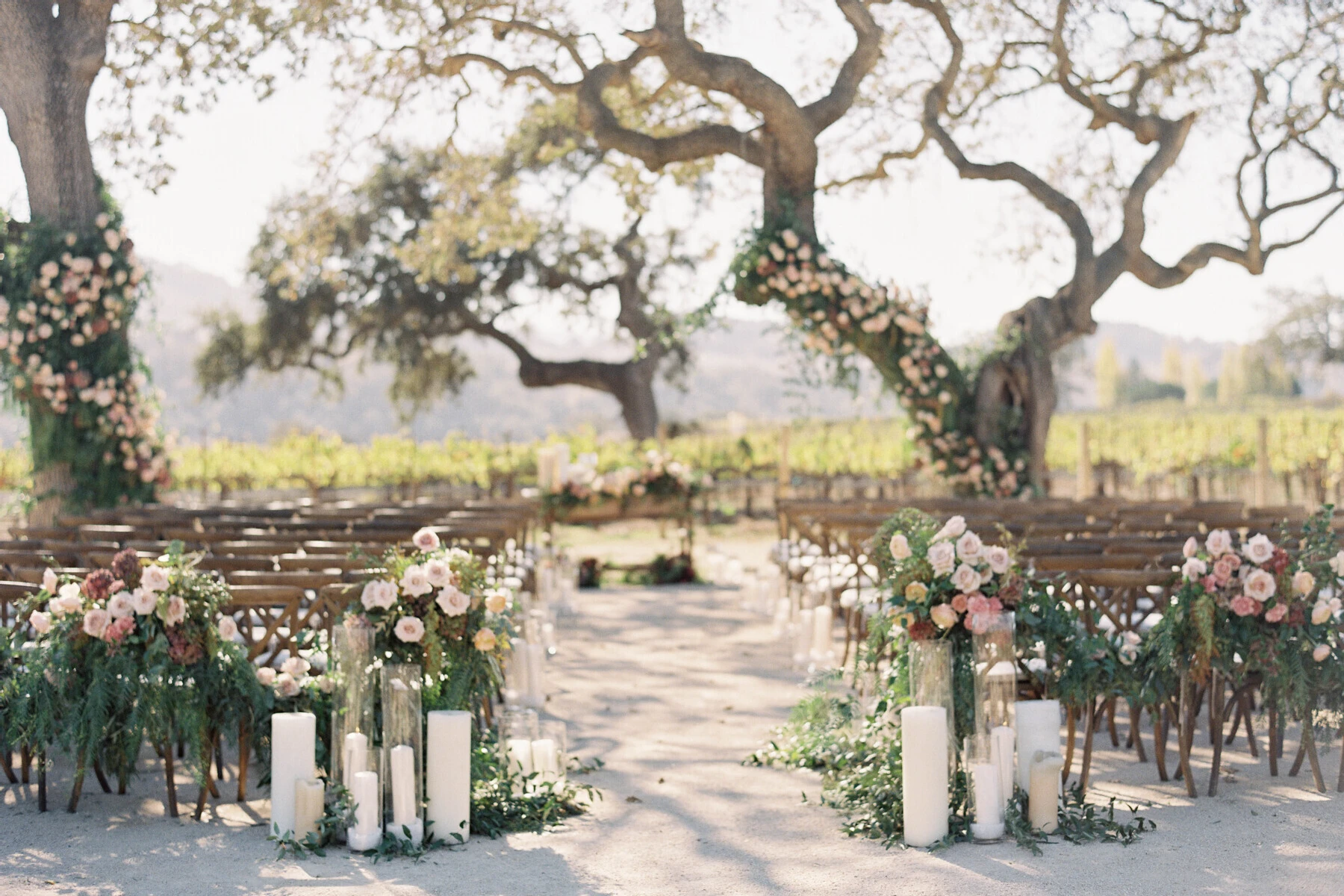 Celebrity Wedding: An outdoor ceremony setup in California with oversized trees near the altar and a vineyard in the background.