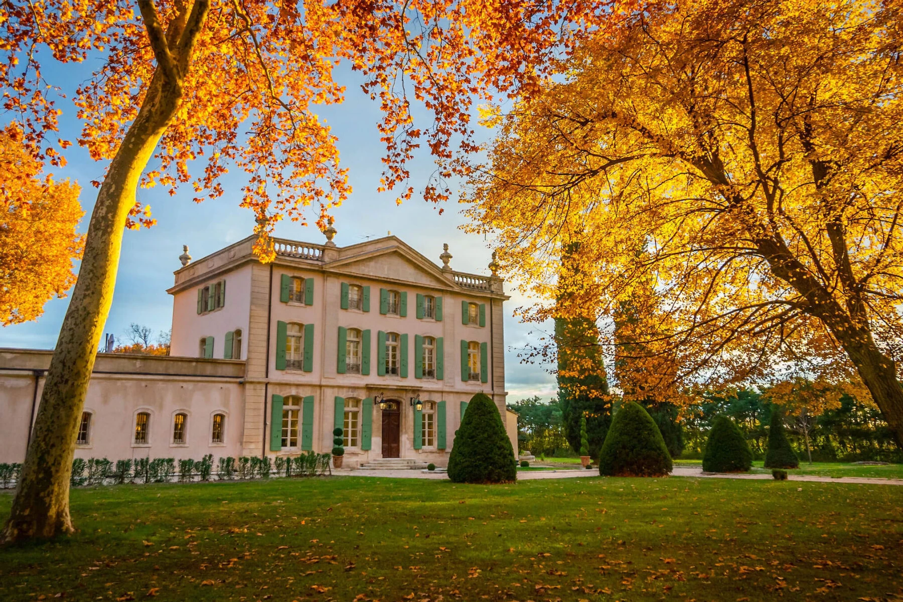 Celebrity Wedding: An estate in Serrians, France, with oversized leave-changing trees.