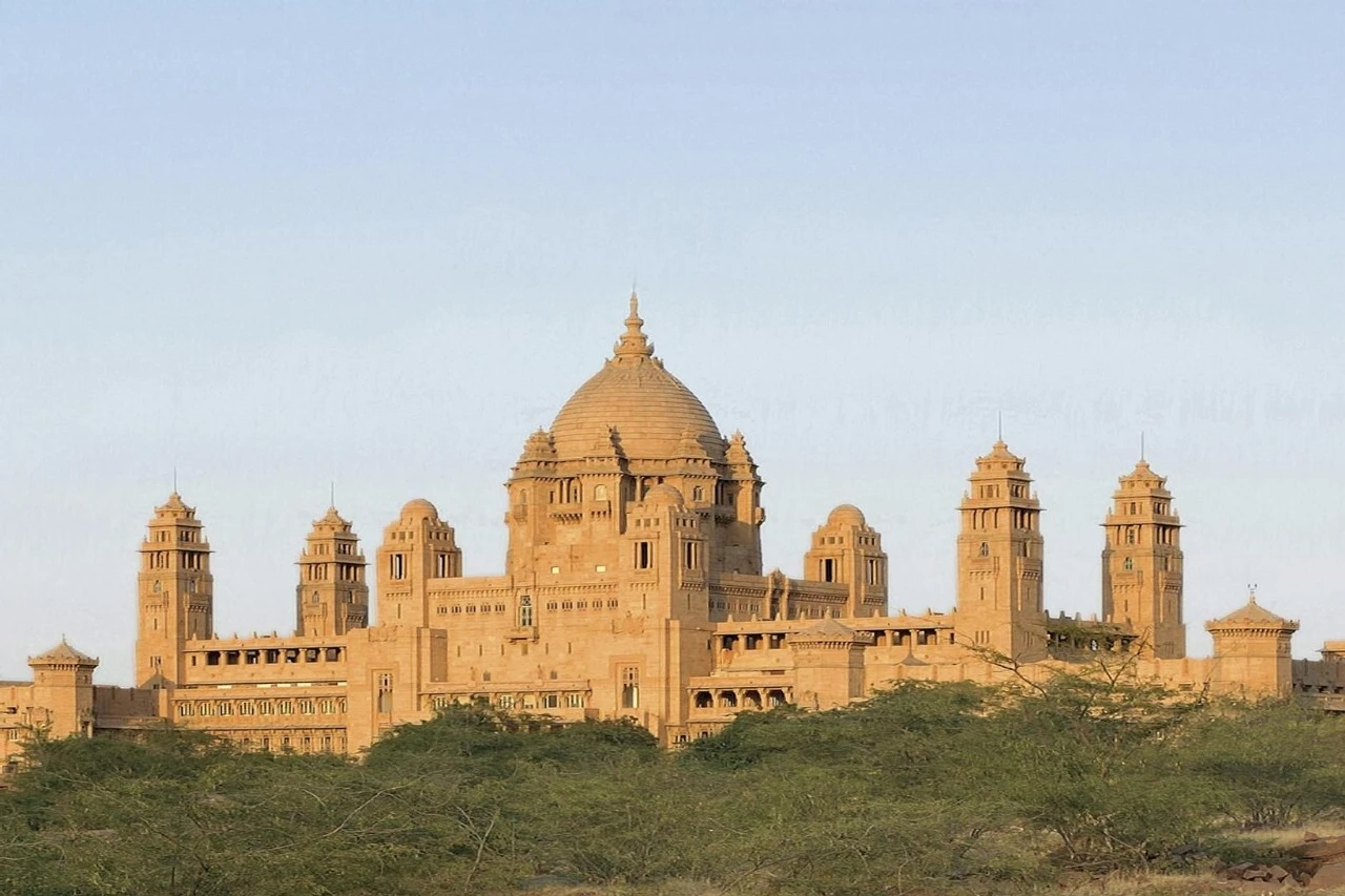 Celebrity Wedding: A palatial estate in Jodhpur, India, with green trees all around it.