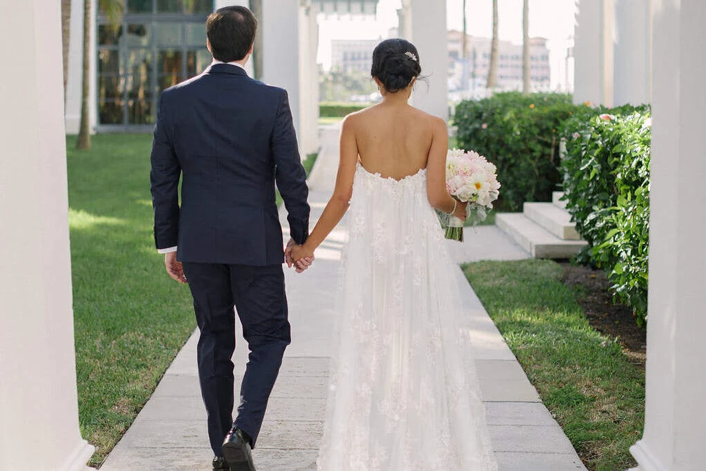 Bride and groom walking