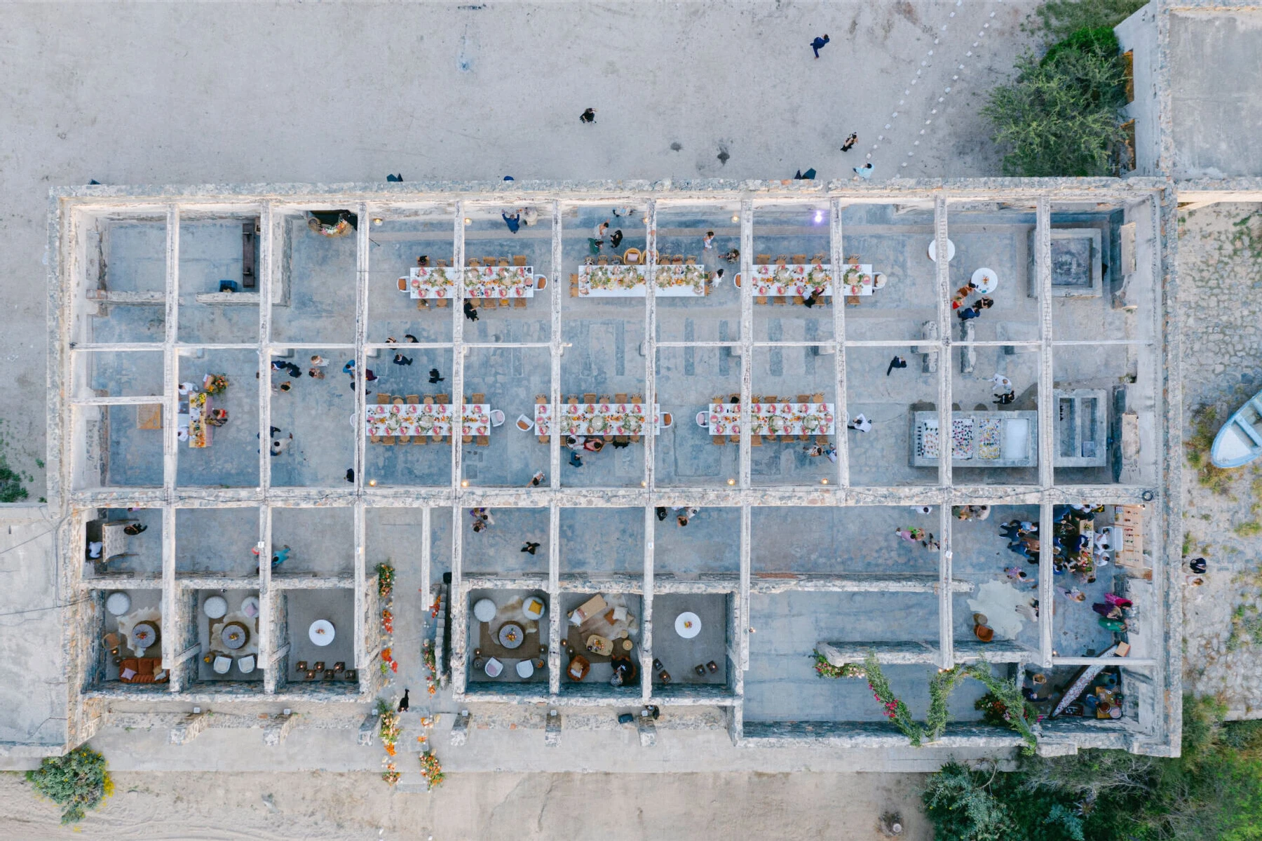 Mexican wedding: aerial shot of historic stone wedding venue 