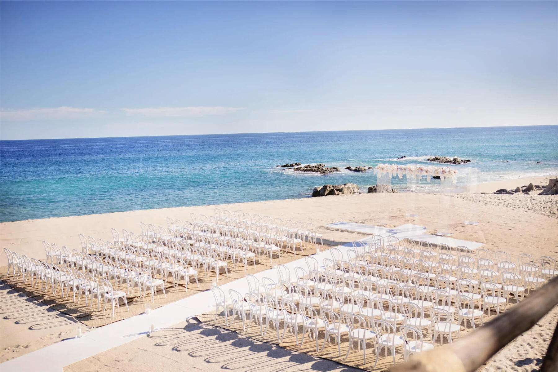 Mexican wedding: aerial view of beach wedding ceremony set up