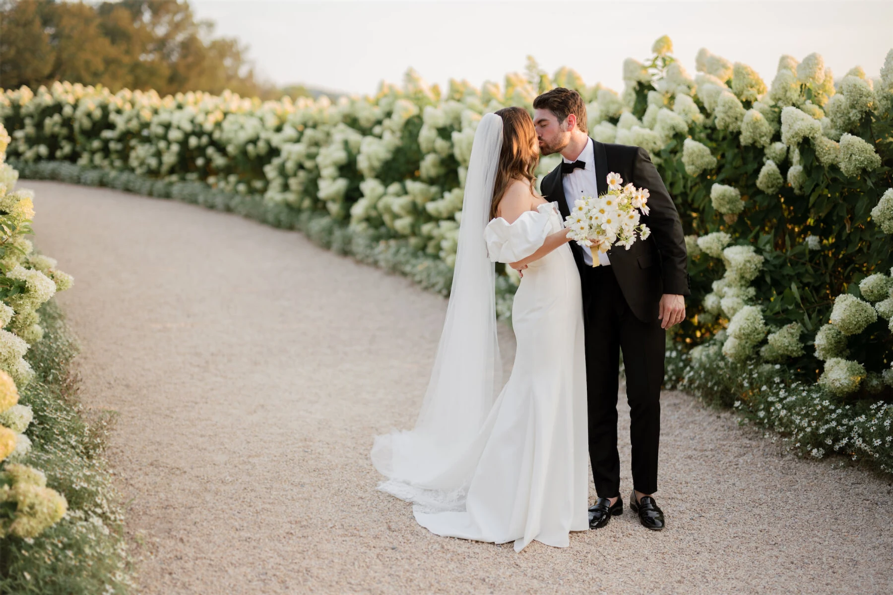 Pippin Hill Farm: A wedding couple kissing along a hydrangea-lined pathway in Virginia.