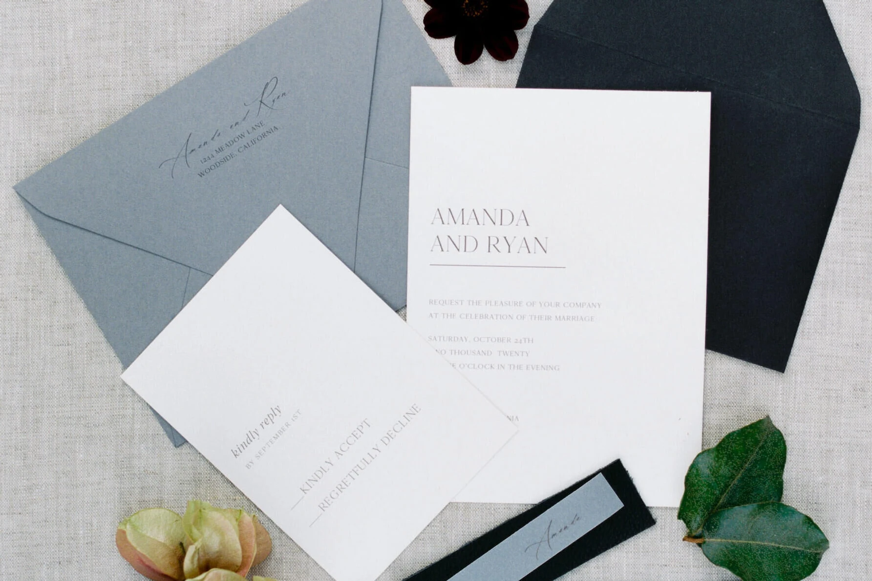 Wedding details: A modern, minimal wedding invitation suite.