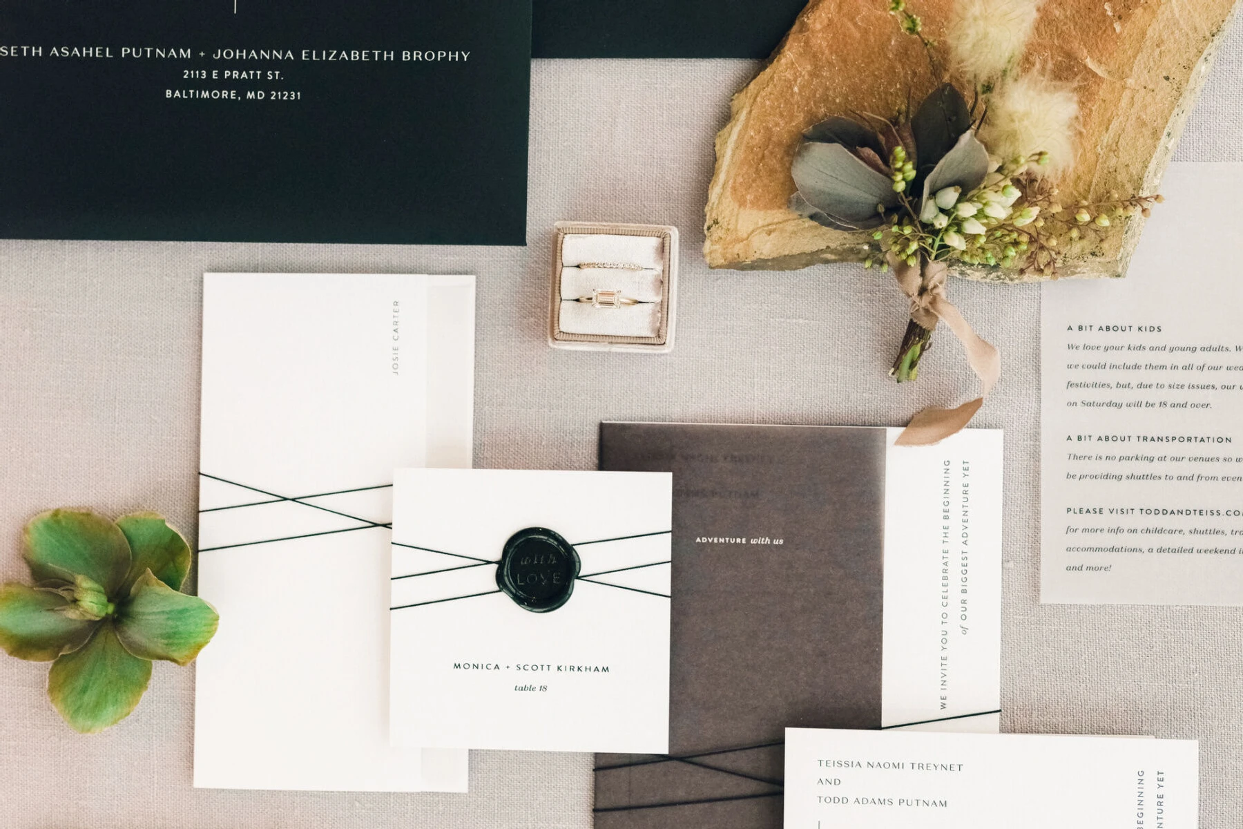 Modern black, white, and gray wedding invitation design by wedding invitation designer Bliss & Bone 