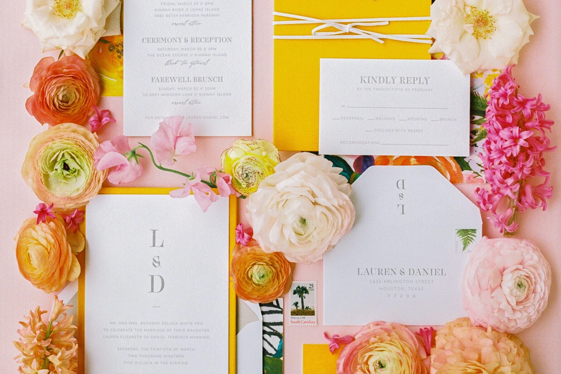 Wedding invitation wording etiquette: See more yellow and pink wedding invitations by Studio R