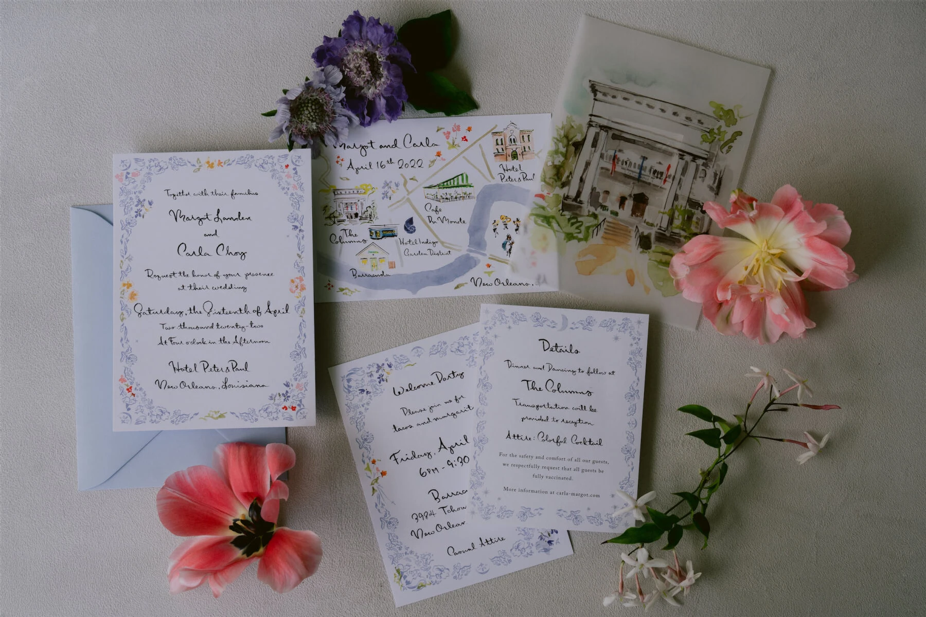 Illustrations of flowers, their wedding venues, and key landmarks of New Orleans were combined with pastel colors for this whimsical wedding invitation suite.